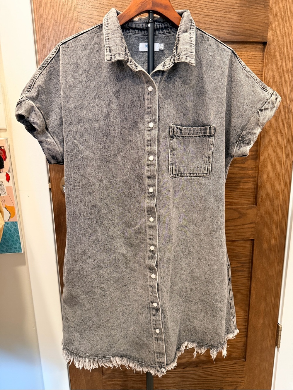 Bluivy Gray Acid Wash Denim Shirt Dress 100% Cotton Utility Mini Dress L